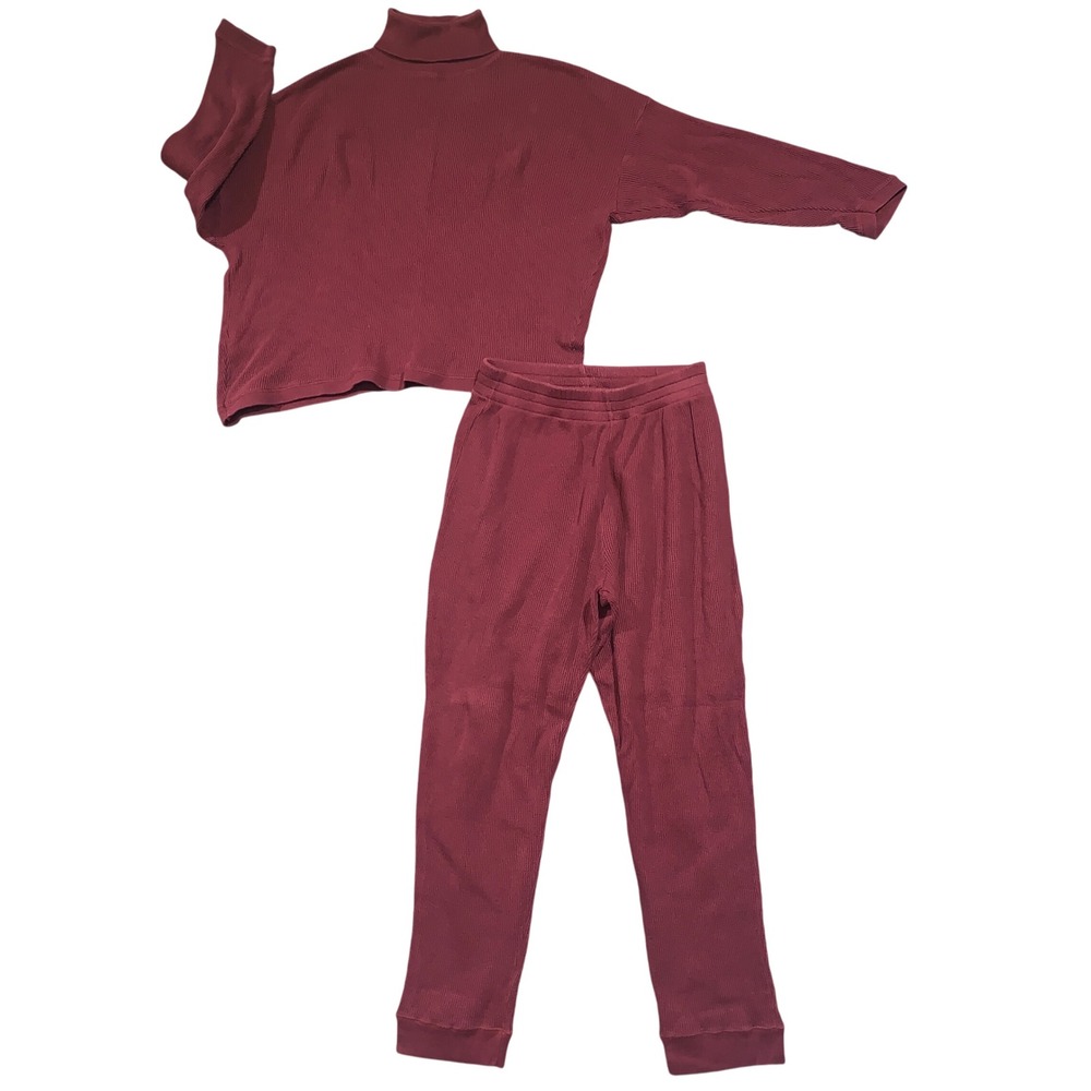 VTG 90s Moda Intl Womens S Burgundy Thermal Knit Turtleneck Top & Pants Set‎